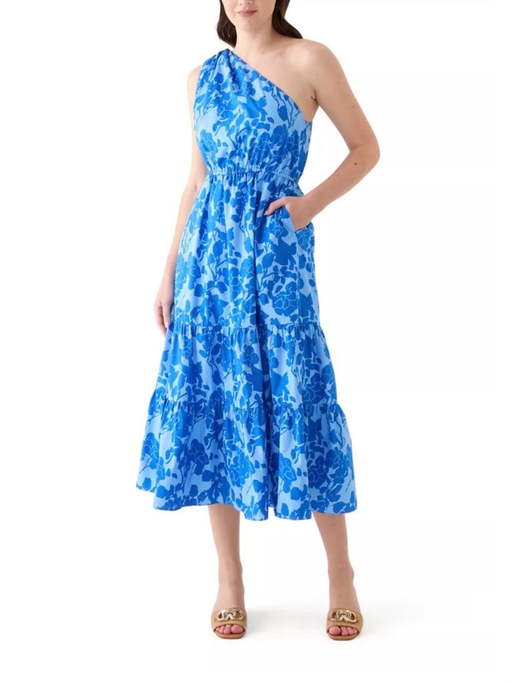 Philosophy One-Shoulder Blue Floral Tiered Midi Dress
